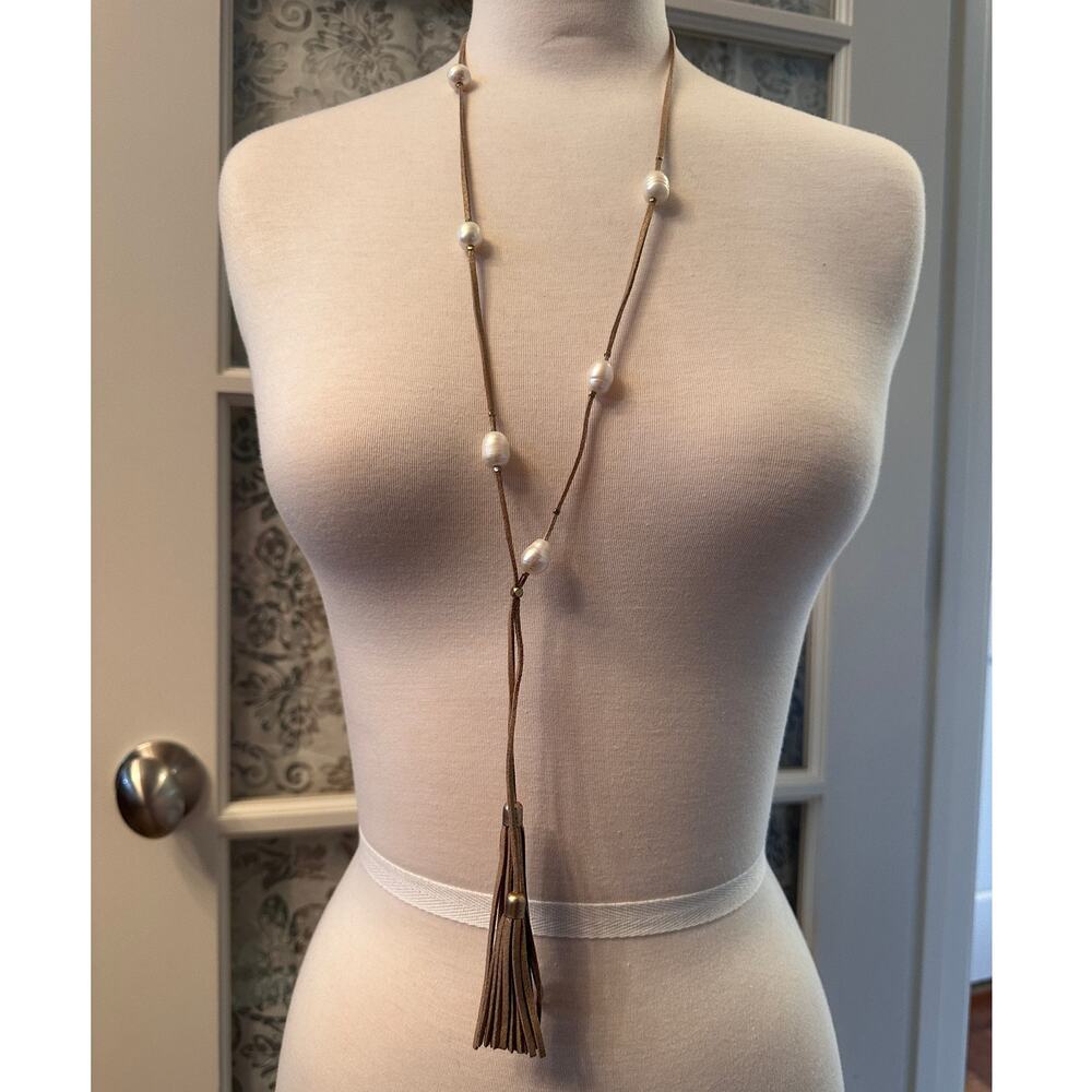 Gold Shimmer Leather and Pearl Lariat Long Necklace